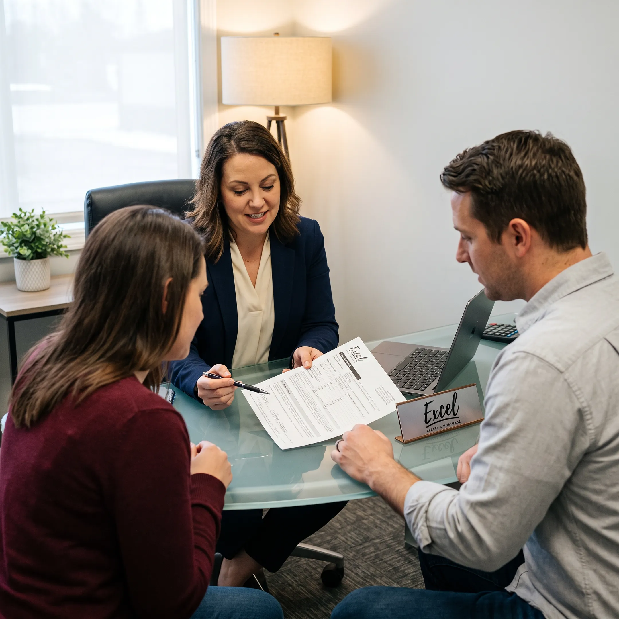 Loan officer explaining mortgage paperwork to homebuyers