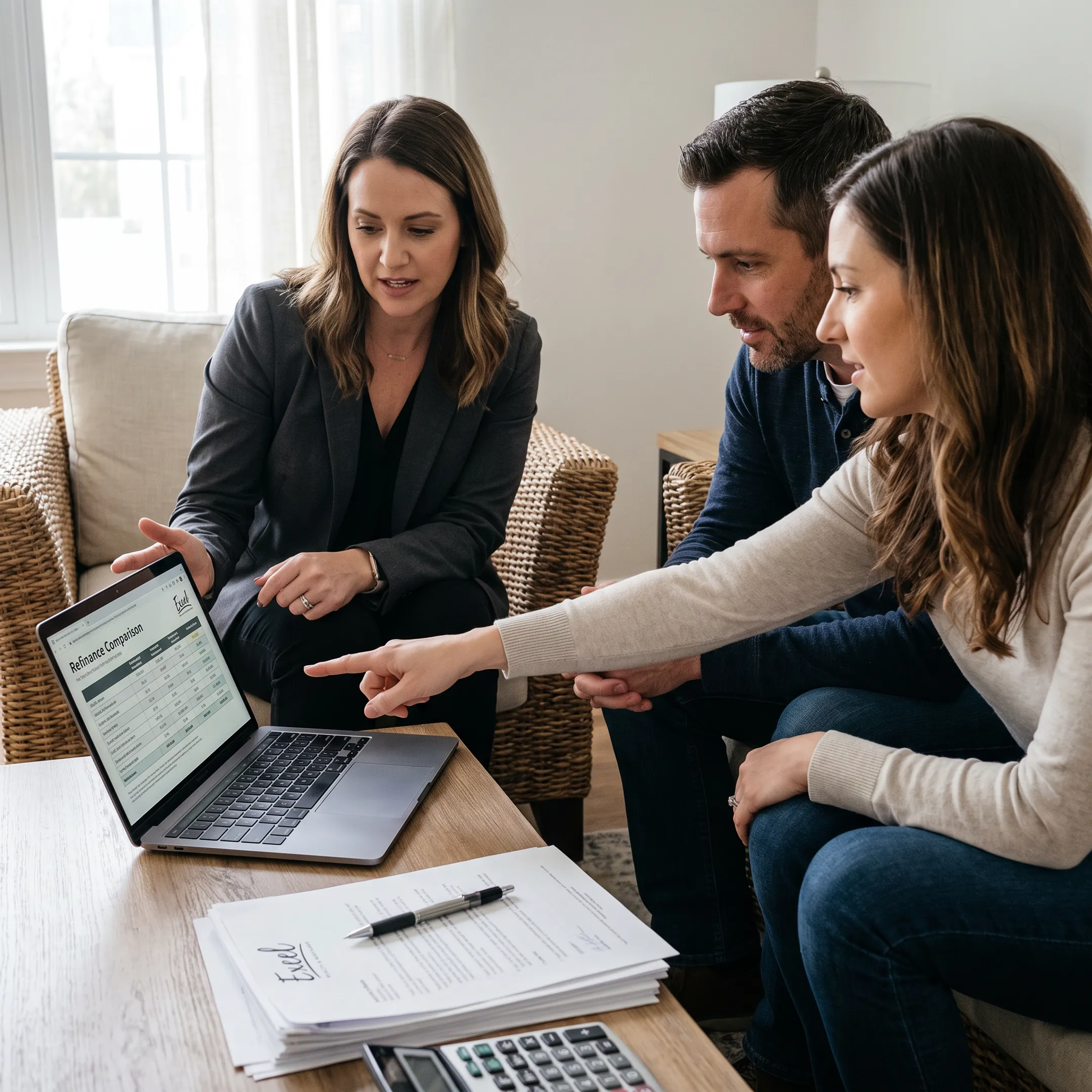 Mortgage professional explaining refinance options to homeowners