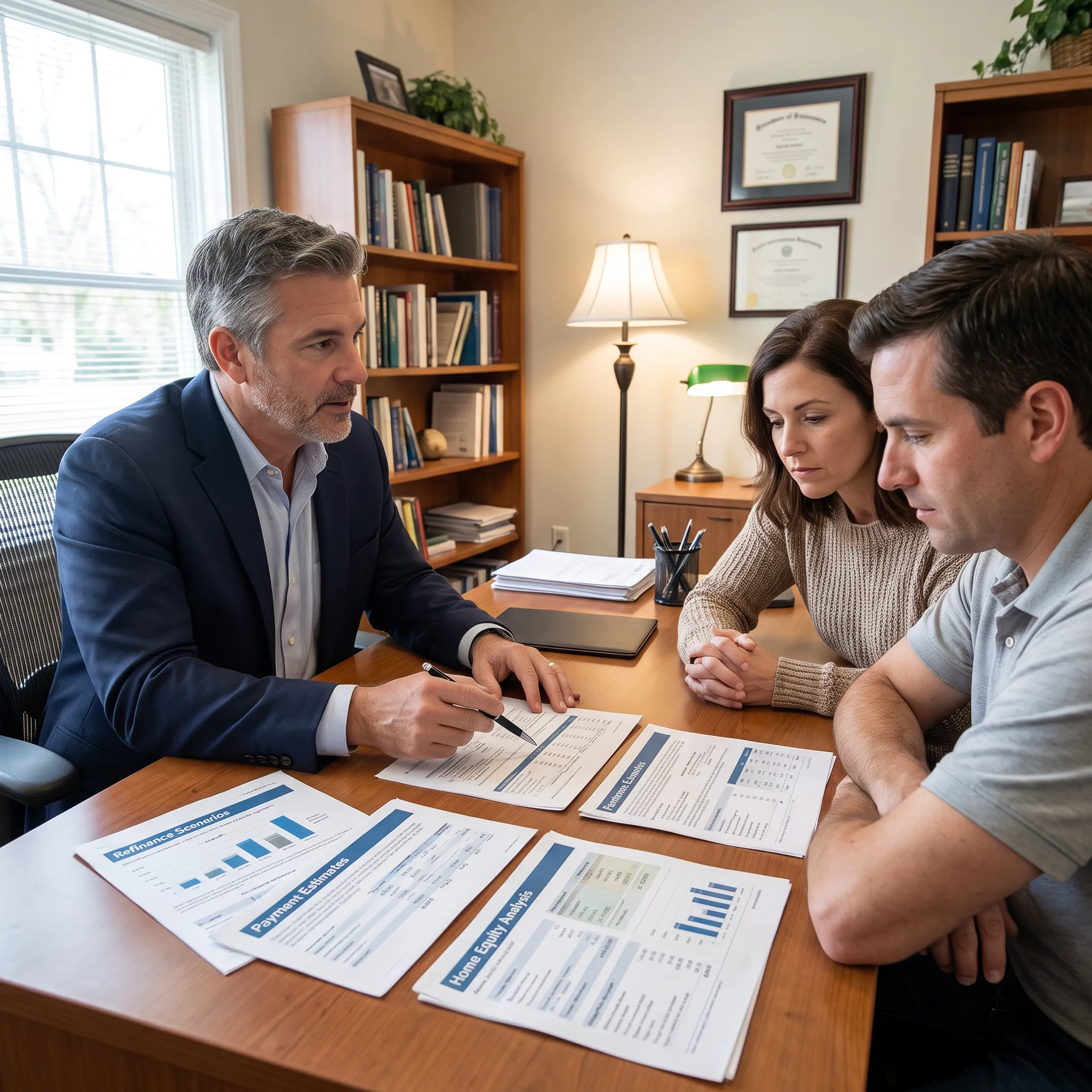 Mortgage officer explaining refinance options to homeowners