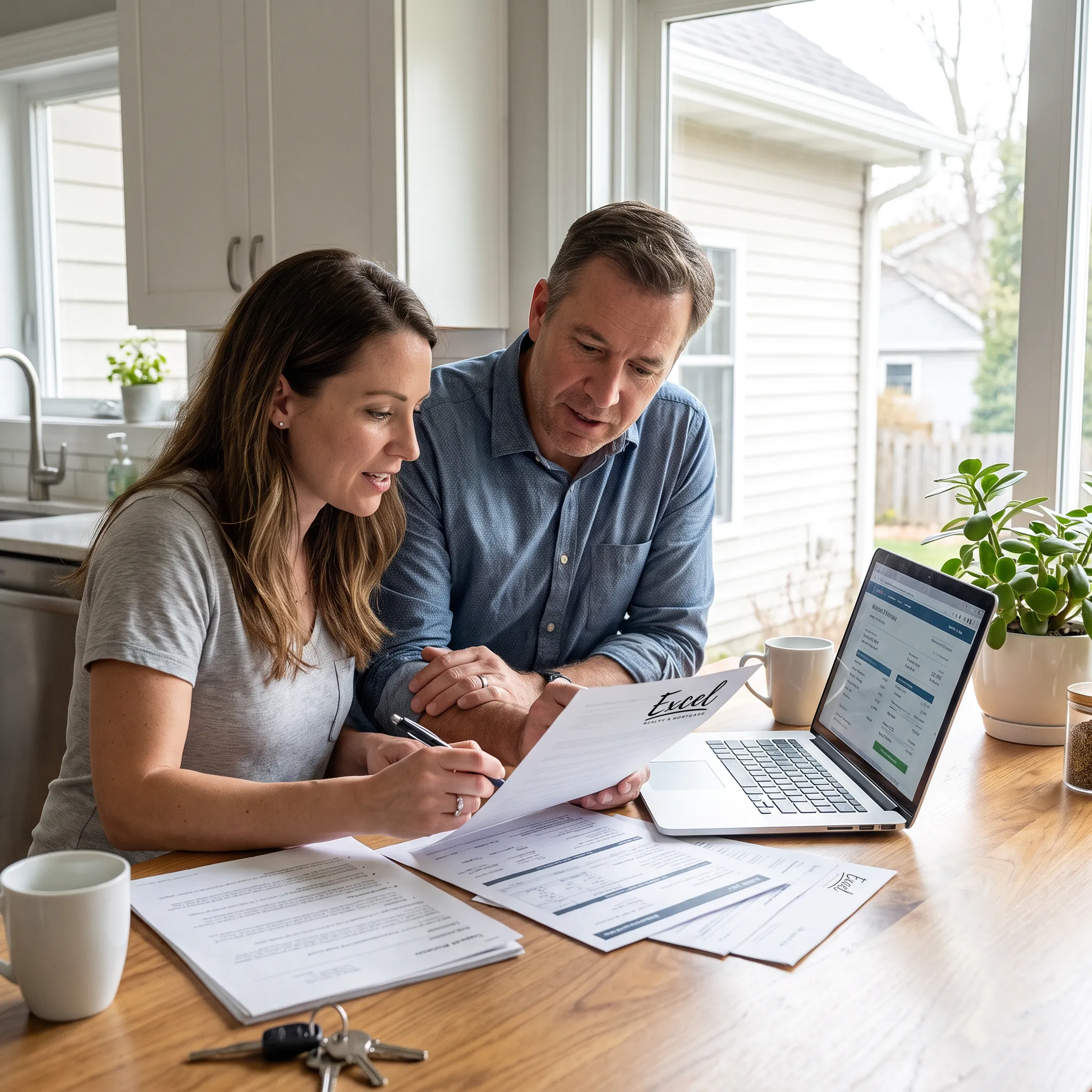 Homeowner reviewing mortgage documents at a kitchen table