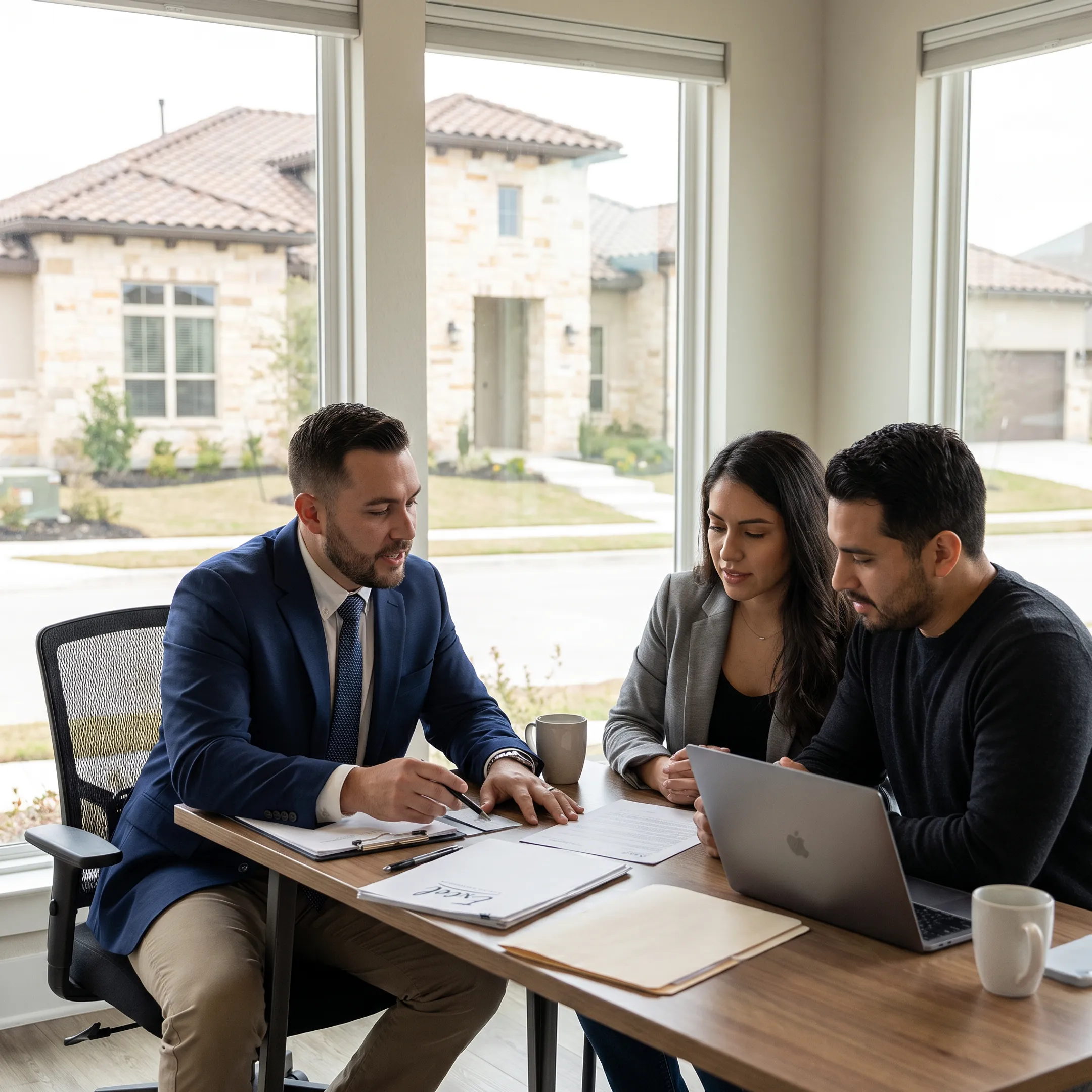Mortgage loan officer reviewing home financing options with a San Antonio couple