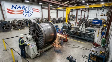 Narco steel reel reconditioning process showing flange straightening machining and dynamic balancing