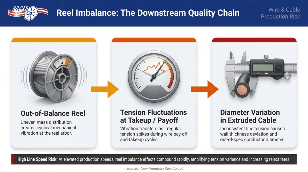 Reel imbalance vibration chain showing tension fluctuation and cable diameter variation effects