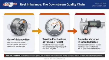 Reel imbalance vibration chain showing tension fluctuation and cable diameter variation effects
