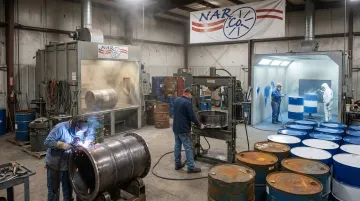 Narco drum reconditioning facility showing flange straightening welding and repainting operations