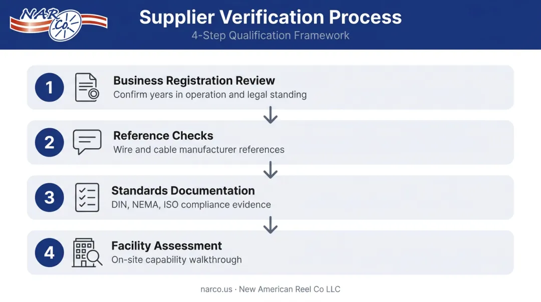 Four-step wire reel vendor verification and audit process flow infographic