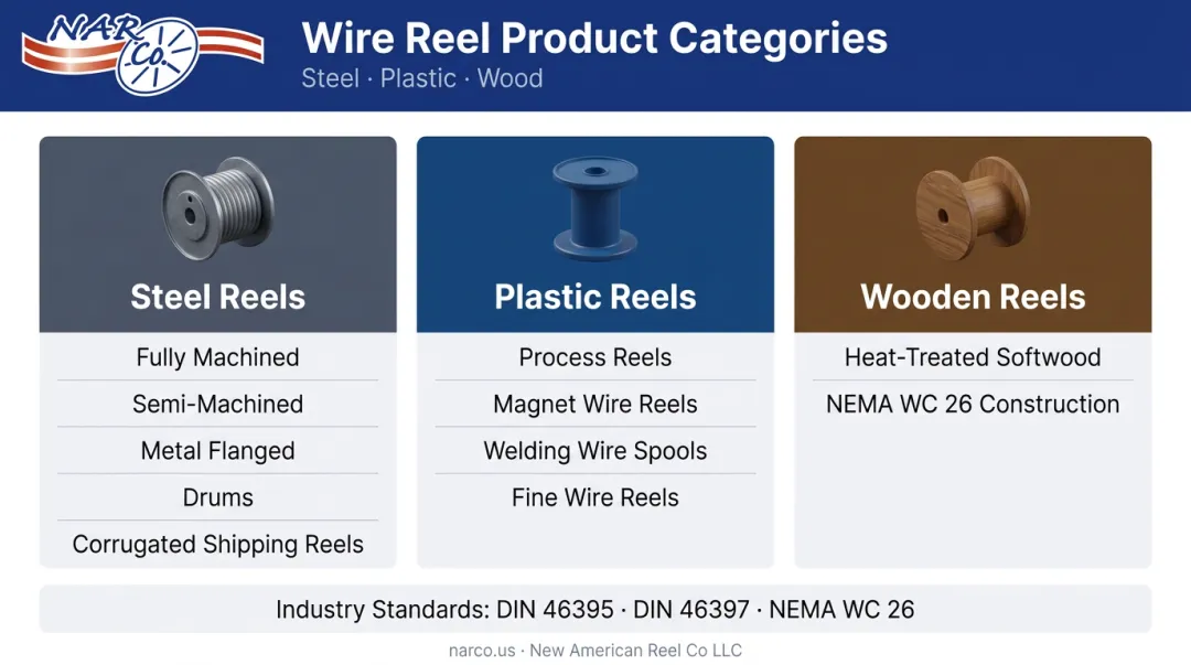Wire reel fabrication types comparison steel plastic and wooden reel categories
