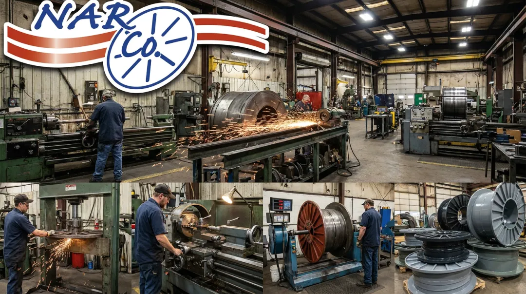 Narco steel wire reel reconditioning process showing flange repair and dynamic balancing