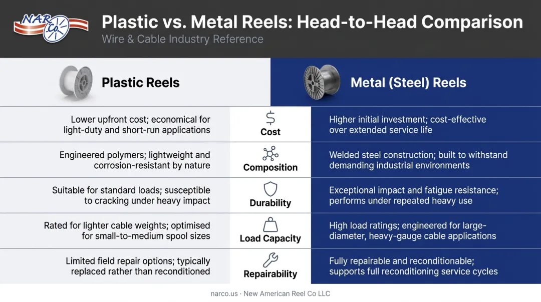 Plastic versus metal wire reel comparison chart across five key factors