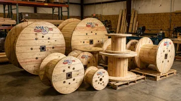 Narco nailed wooden cable reels stacked in manufacturing facility