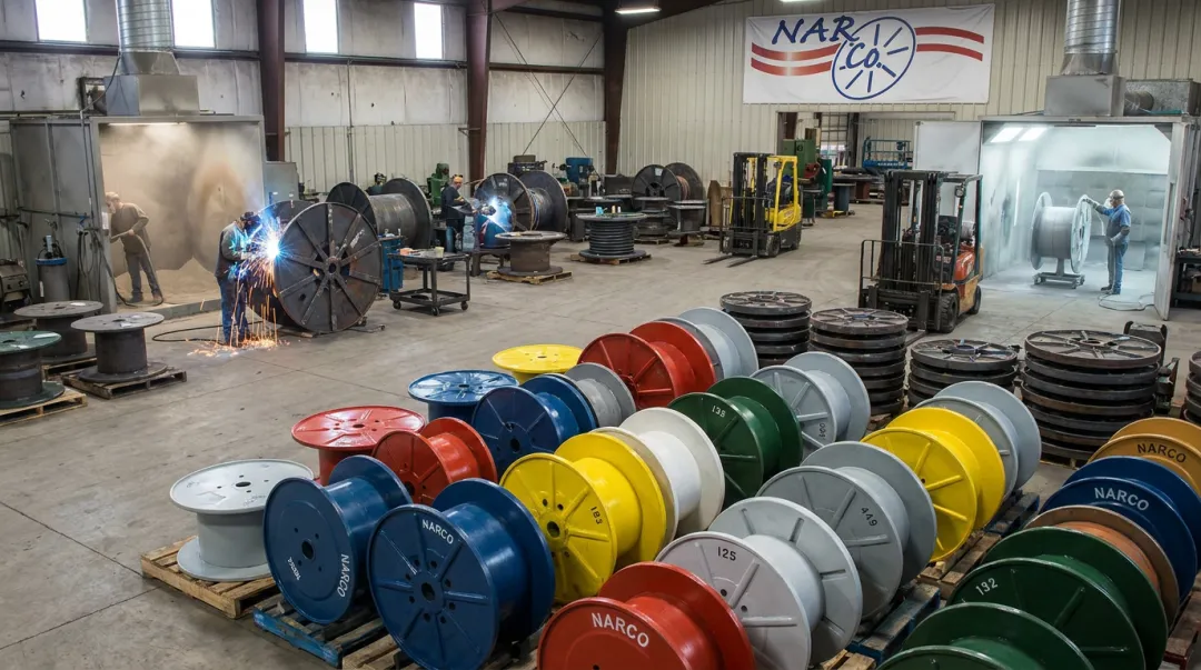 Narco steel cable reels undergoing reconditioning repair and fabrication process