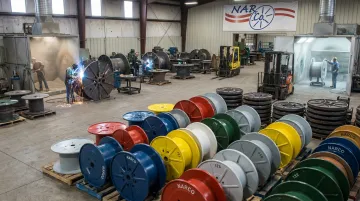 Narco steel cable reels undergoing reconditioning repair and fabrication process