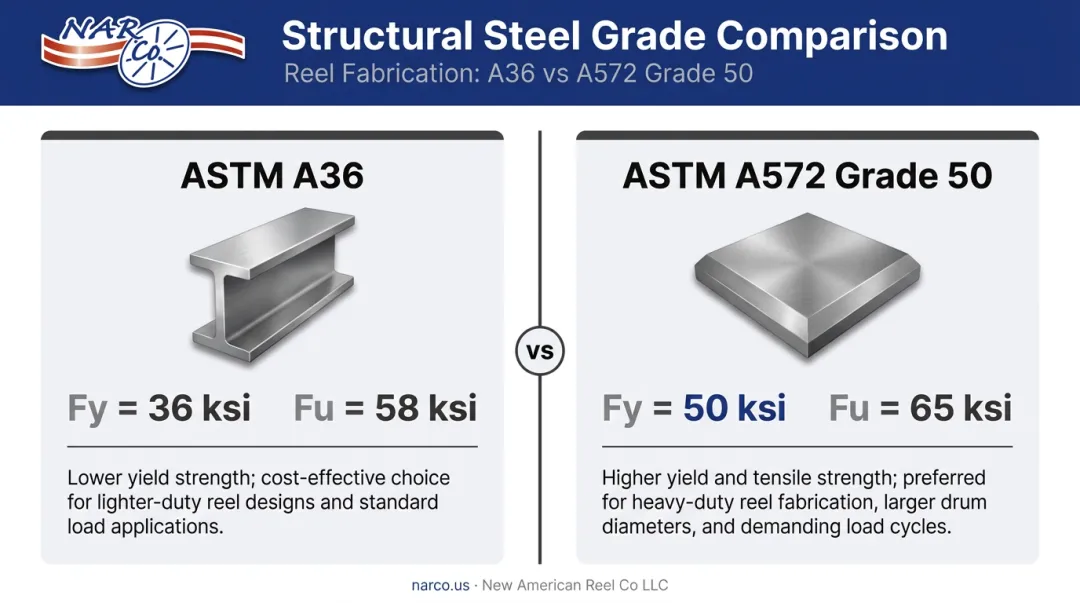 ASTM A36 versus A572 Grade 50 steel strength properties comparison infographic