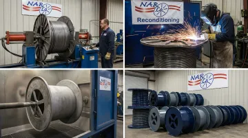 Wire reel reconditioning process showing flange repair welding and surface finishing