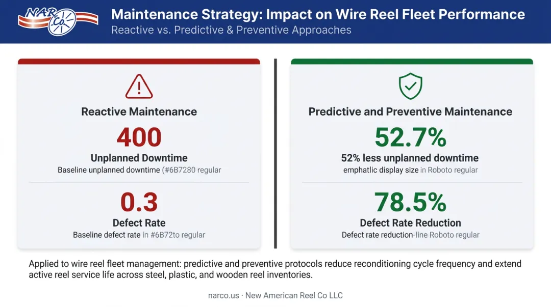 Preventive versus reactive maintenance comparison showing downtime and defect reduction statistics