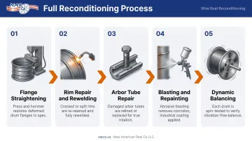 Five-step corrugated steel cable drum reconditioning process from inspection to balancing