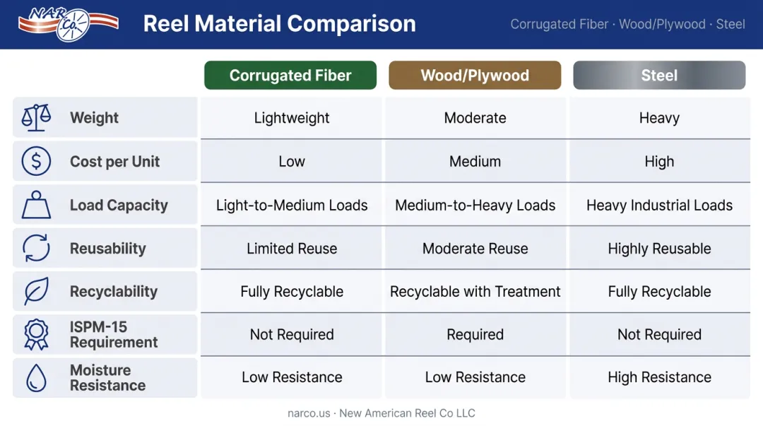 Corrugated fiber versus wood versus steel reel comparison chart key attributes