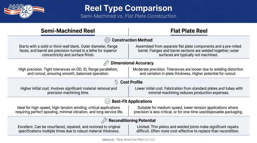 Semi-machined versus flat plate reel comparison infographic key differences