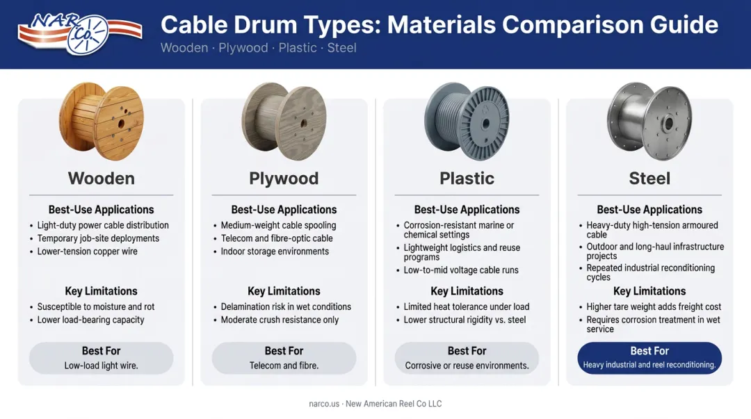 Four cable drum types comparison chart wooden plywood plastic and steel