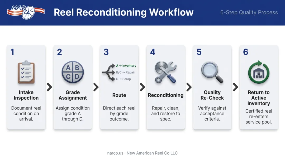 Six-step steel wire reel reconditioning workflow from intake to redeployment