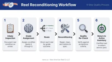 Six-step steel wire reel reconditioning workflow from intake to redeployment