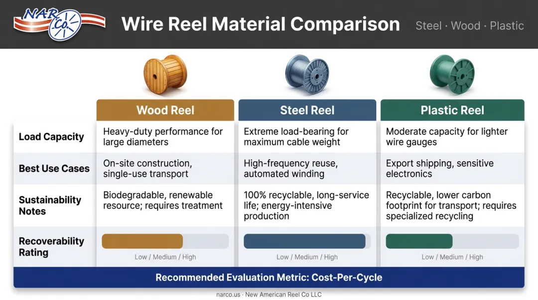 Wood steel and plastic wire reel types compared by load capacity sustainability and use case