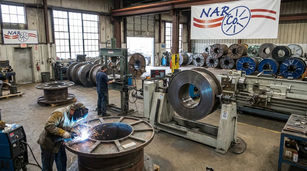 Steel wire reel reconditioning process showing flange repair welding and dynamic balancing