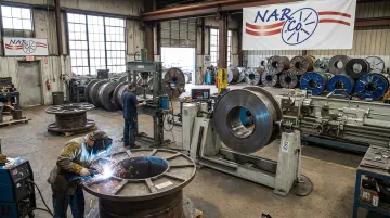 Steel wire reel reconditioning process showing flange repair welding and dynamic balancing