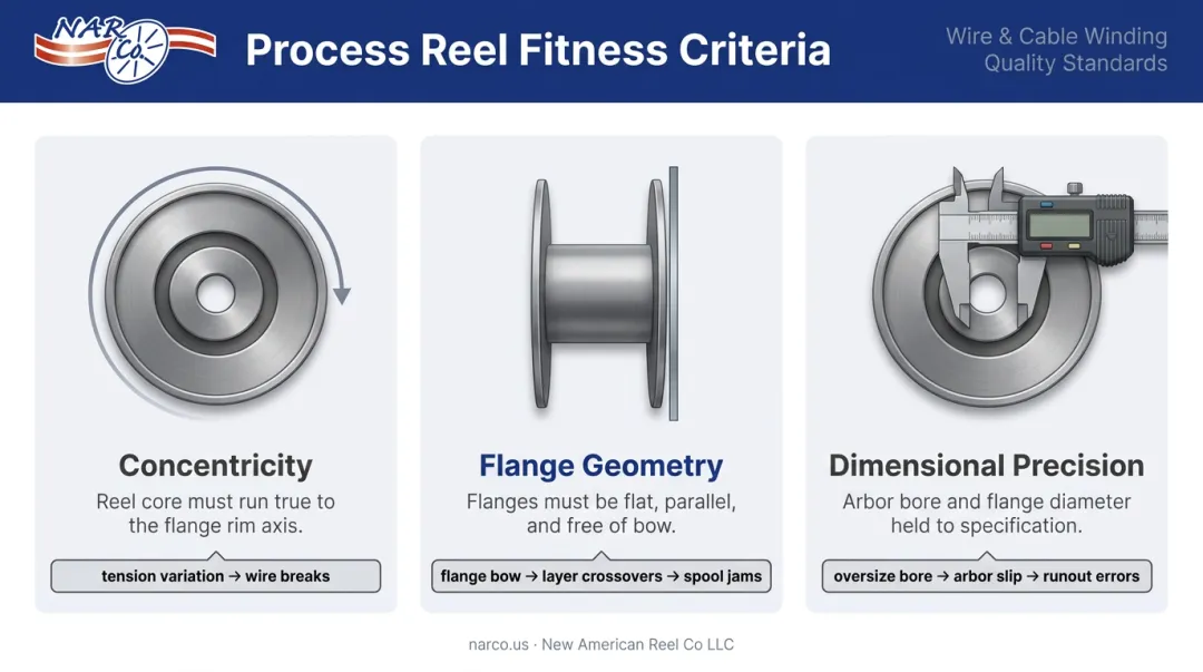 Three critical process reel properties concentricity flange geometry dimensional precision infographic