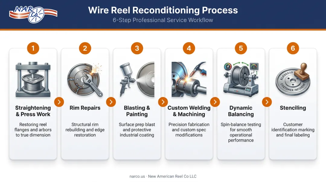 6-step steel wire reel reconditioning process flow from straightening to stenciling