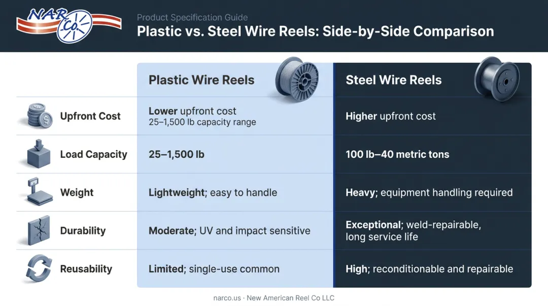 Plastic versus steel wire reel comparison infographic covering five key factors