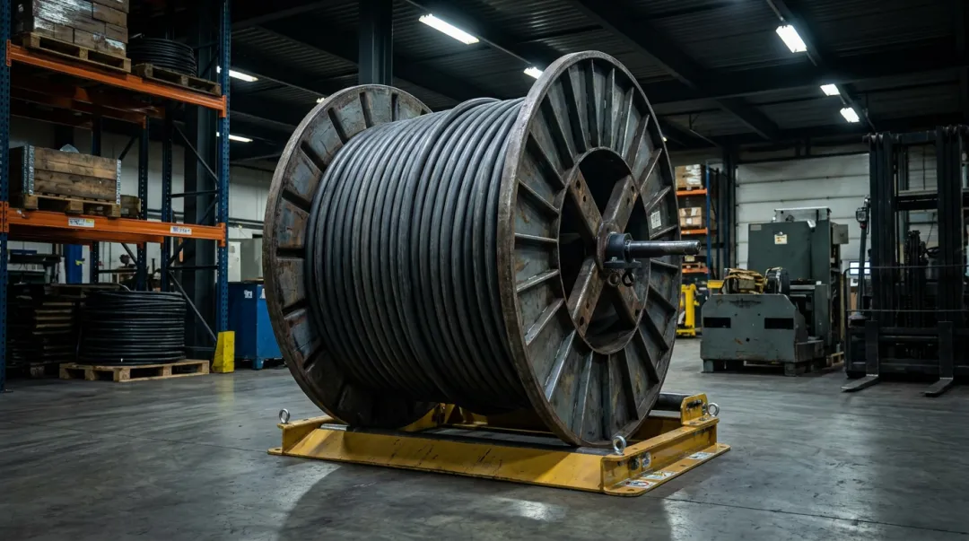 Heavy-duty steel cable reel loaded with large-diameter power cable on industrial floor