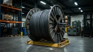 Heavy-duty steel cable reel loaded with large-diameter power cable on industrial floor
