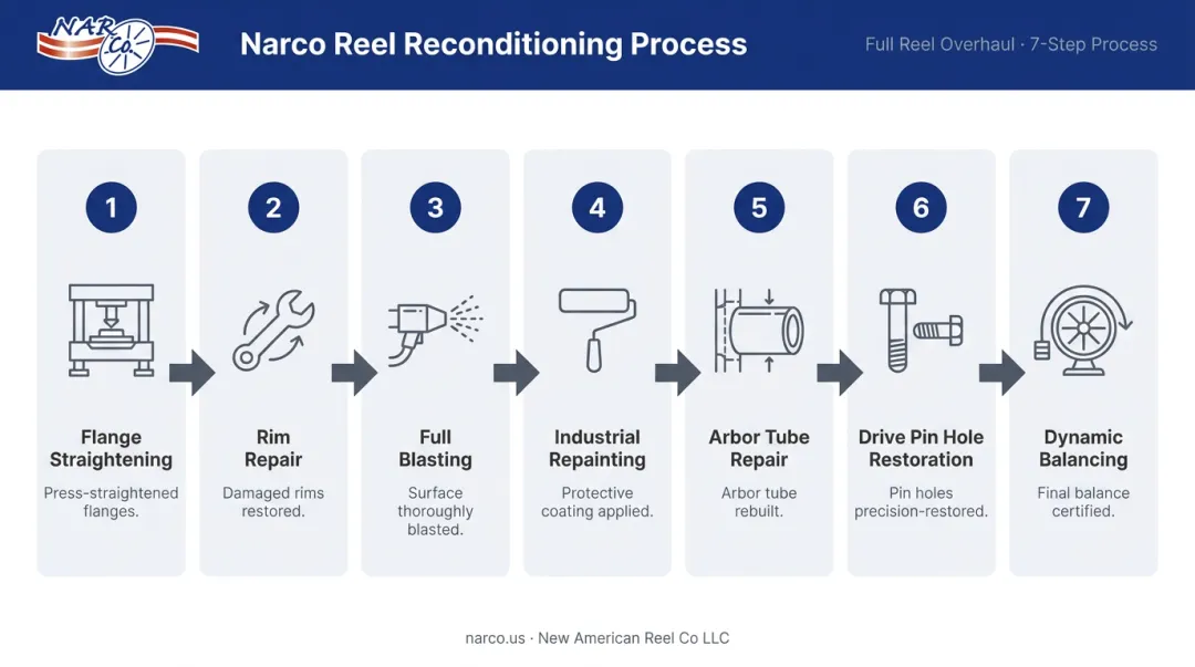 Seven-step steel wire reel overhaul reconditioning process flow diagram