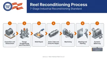 Seven-step steel cable reel reconditioning process from inspection to dynamic balancing