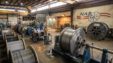 Custom wire reel fabrication facility showing steel reels in various production stages