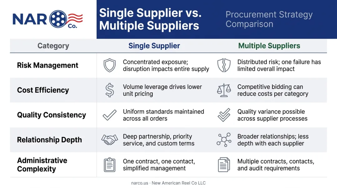 Single versus multiple supplier strategy five-dimension side-by-side comparison infographic