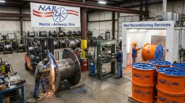 Narco industrial steel reel reconditioning process showing flange repair and dynamic balancing