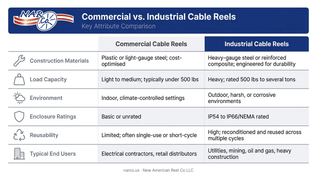 Industrial versus commercial cable reel side-by-side comparison chart infographic