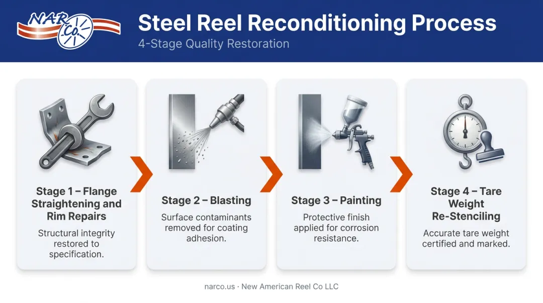 Steel reel reconditioning process four-step flow from repair to tare stenciling