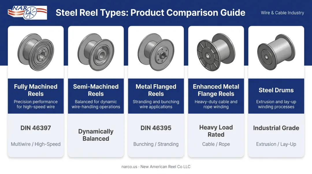 Five steel wire drawing reel types comparison infographic with specifications