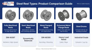Five steel wire drawing reel types comparison infographic with specifications