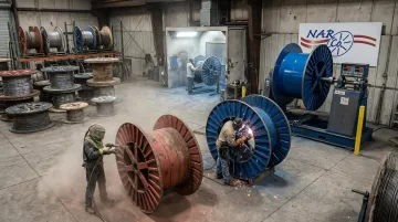 Narco steel wire reel reconditioning process showing structural repair and dynamic balancing