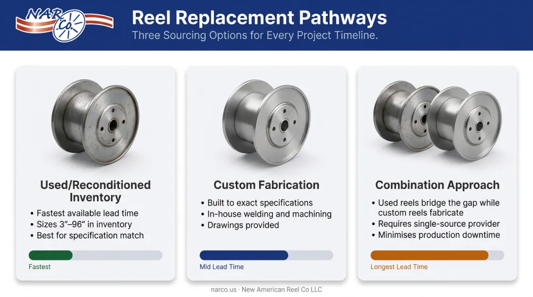 Three emergency wire reel replacement pathways comparison used stock custom fabrication combination