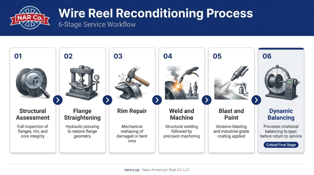 6-step wire reel reconditioning process flow from inspection to dynamic balancing