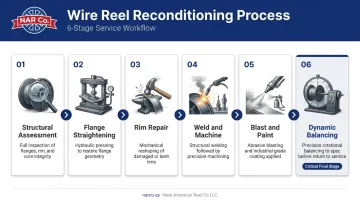 6-step wire reel reconditioning process flow from inspection to dynamic balancing