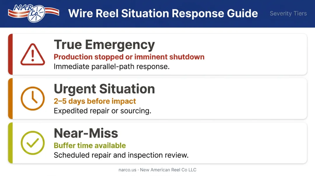 Wire reel emergency severity classification table with three response tiers