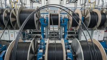 Automated wire coiling machine on industrial production line spooling cable