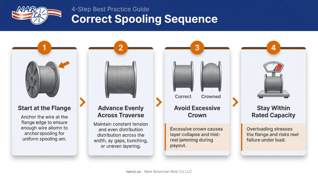 Four-step correct cable spooling process onto wire reel infographic