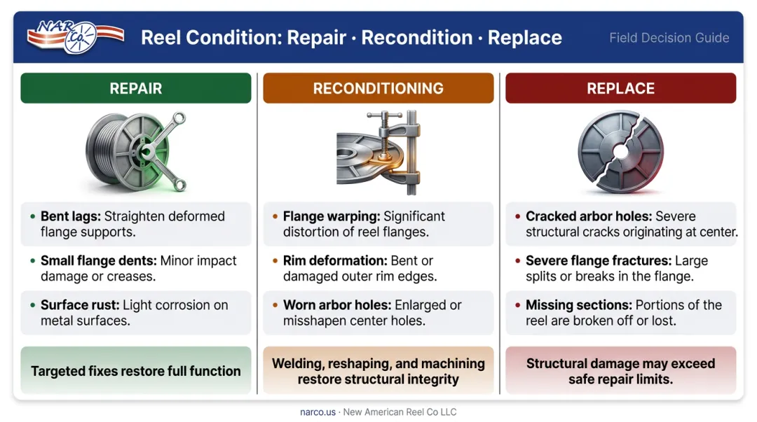 Wire reel repair versus reconditioning versus replacement decision framework comparison chart